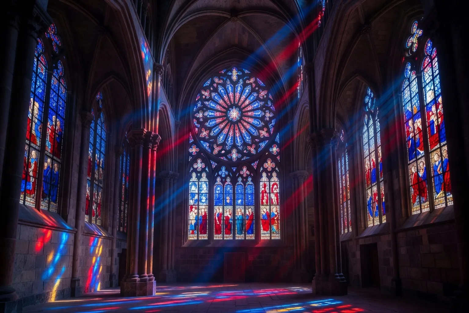 Vitraux médiévaux colorés d’une cathédrale alsacienne dans la lumière